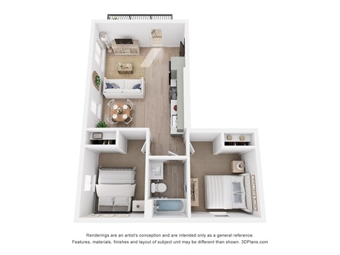 A floor plan of a two-bedroom apartment with a living room, kitchen, and bathroom.